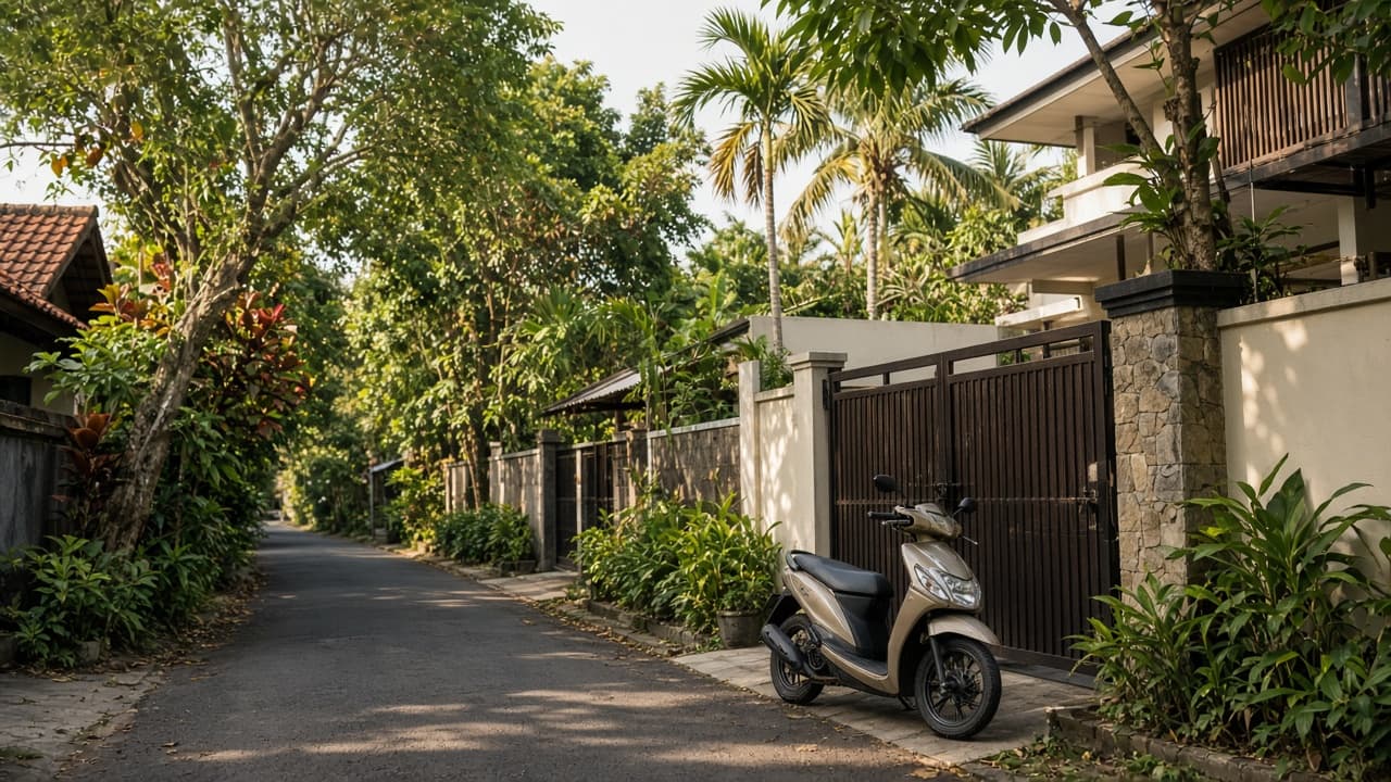 Quiet Bali neighbourhood lane with tropical trees and everyday homes — illustrative editorial imagery, not a Bali Considered client residence