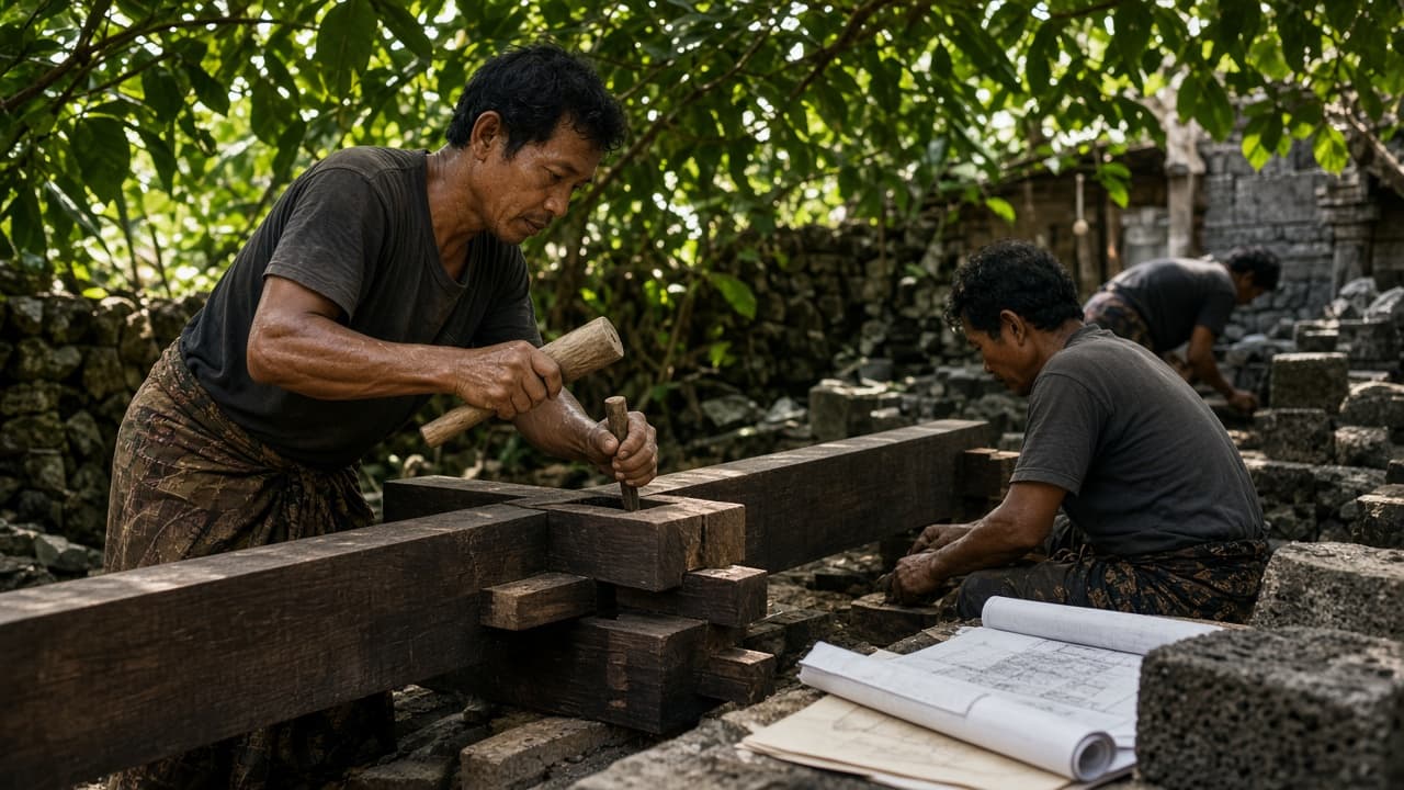 Timber craftsmanship and building work under tropical shade — illustrative editorial imagery of construction activity, not a Bali Considered site