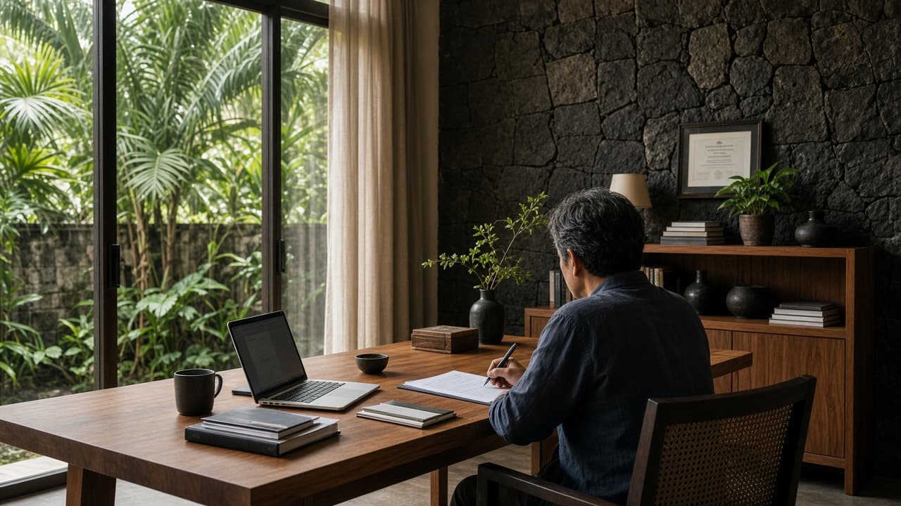 Warm teak Bali advisory office with a professional at work and garden light beyond — illustrative editorial imagery, not Bali Considered staff or premises